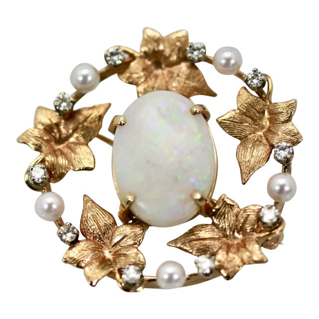 1960s Opal Laurel Leaf 14k Brooch Pendant For Sale