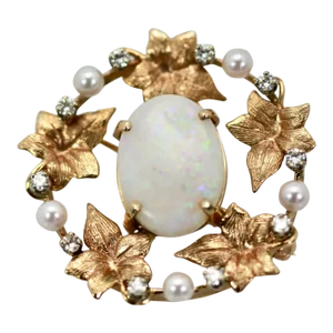 1960s Opal Laurel Leaf 14k Brooch Pendant