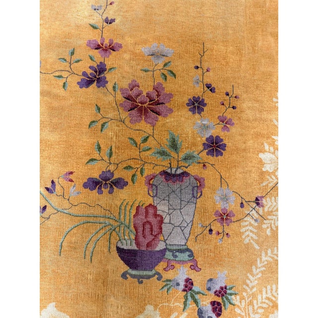 1920s 1920s Antique Yellow Field Flowers Border Knotted Chinese Art Deco Carpet Rug For Sale - Image 5 of 6