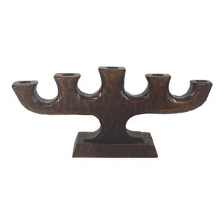 Vintage Carved Wood Candelabra Handmade Wooden Candle Holder Scandinavian Folk Art For Sale
