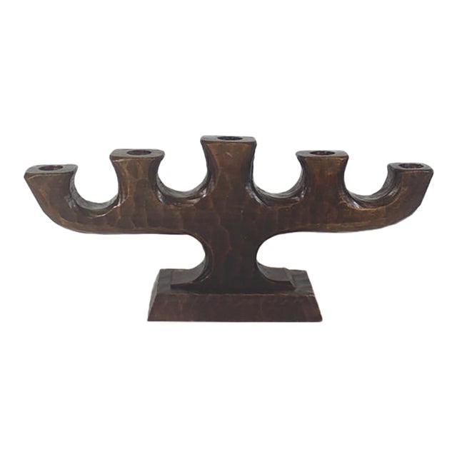 Vintage Carved Wood Candelabra Handmade Wooden Candle Holder Scandinavian Folk Art For Sale