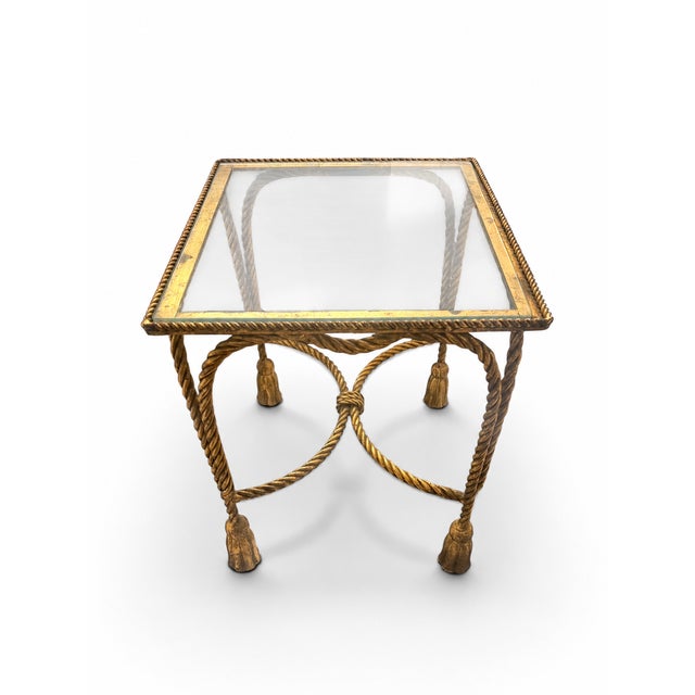 Vintage Hollywood Regency Gilt Rope & Tassel Glass Drinks Table For Sale - Image 4 of 10