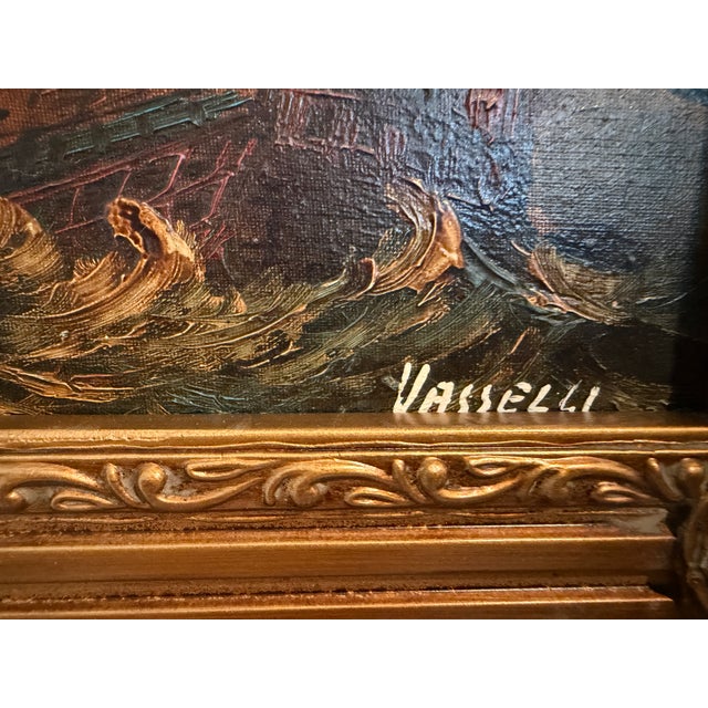 This vintage oil on canvas presents a dramatic maritime scene featuring a large sailing ship navigating turbulent waters...