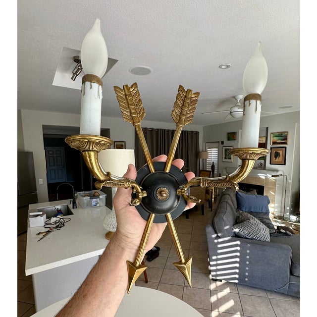 Pair French Empire Style Arrow Swan Wall Sconces For Sale In Palm Springs - Image 6 of 15