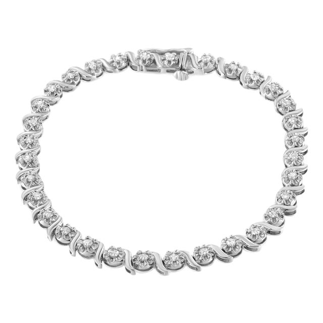 .925 Sterling Silver 1.0 Cttw Diamond Spiral Wave Curved-Link 7" Tennis Bracelet (I-J Color, I3 Clarity) For Sale