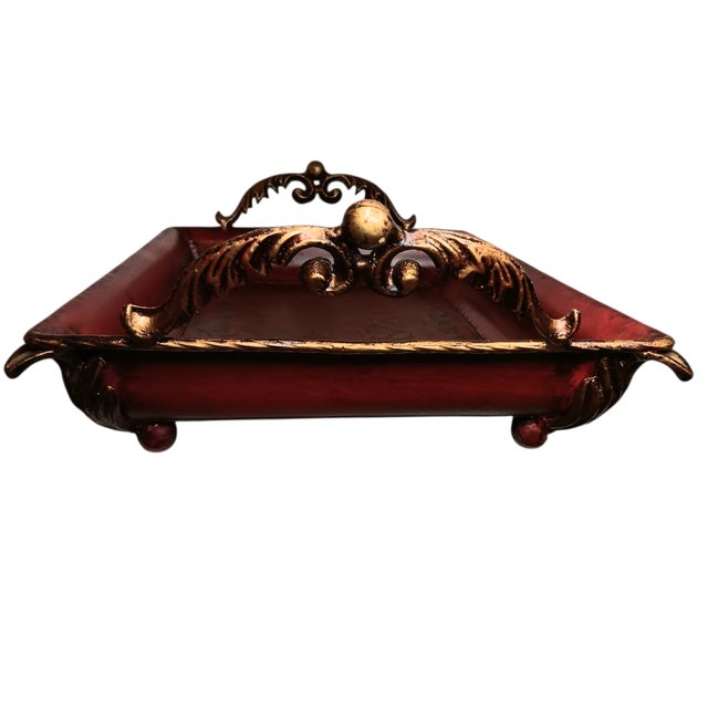 Large Metal Serving Tray Cranberry Red and Gold Leaf Vine Design Ornate Handles For Sale - Image 4 of 18