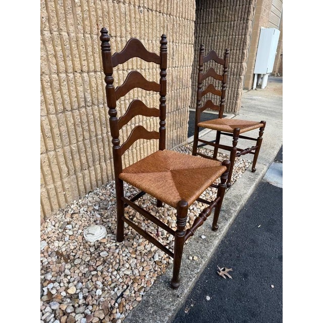 Mid 20th Century American Primitive Rustic Style Cherry High Ladder Back Rush Seat Dining Chairs- Set of 6 For Sale - Image 10 of 11