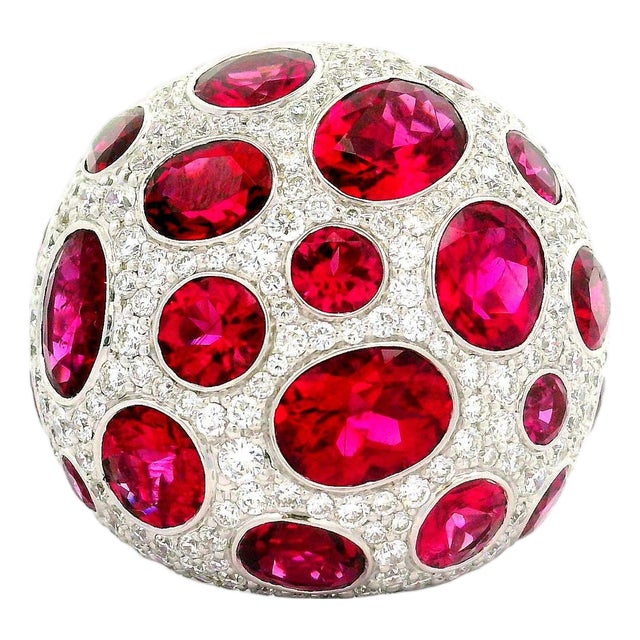 Rubellite Tourmaline Diamond 18k White Gold Dome Cocktail Ring, Size 6.75 For Sale