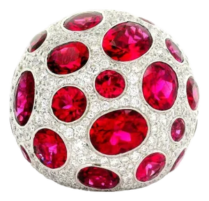 Rubellite Tourmaline Diamond 18k White Gold Dome Cocktail Ring, Size 6.75