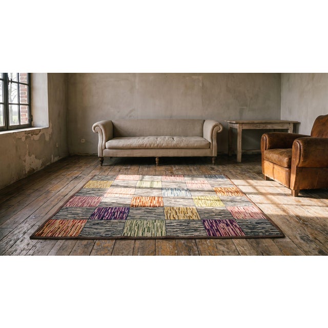 Textile 1930s Multicolor Checks Folk Art Antique American Hooked Rug 3' X 5' Handknotted Cotton Wool Carpet For Sale - Image 7 of 9