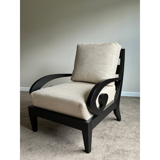 Pair of Late 20th Century Scroll Arm Lounge Chairs in Ebonized Wood For Sale - Image 4 of 7