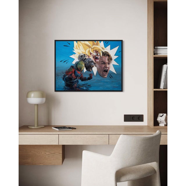 This oil on canvas artwork features a dynamic composition of a figure emerging from turbulent waters, surrounded by...