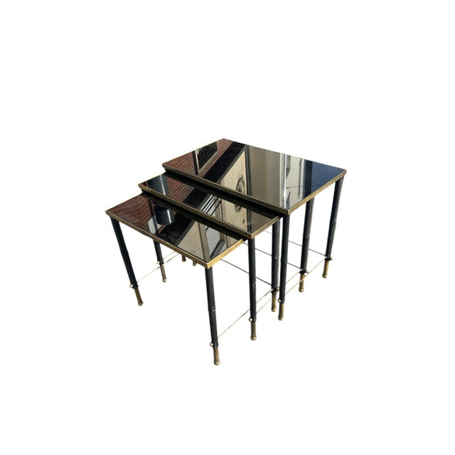 Stitched Leather and Brass Nesting Tables by Jacques Adnet, 1950s, Set of 3 For Sale - Image 4 of 9