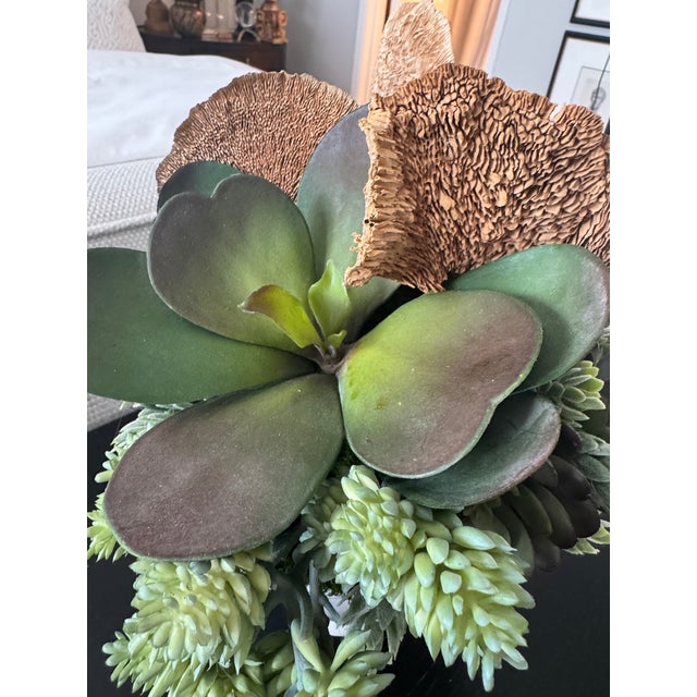 Organic Faux Succulent Arrangement in White Ceramic Pedestal Vessel For Sale - Image 4 of 6