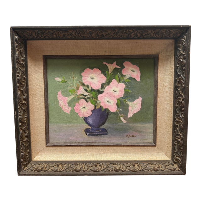 V. Eaton Pink Petunias Still Life Painting, Signed For Sale