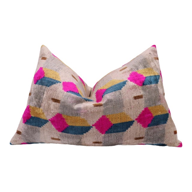 Contemporary Pink Navy Gray Velvet Throw Pillow & Down Insert For Sale