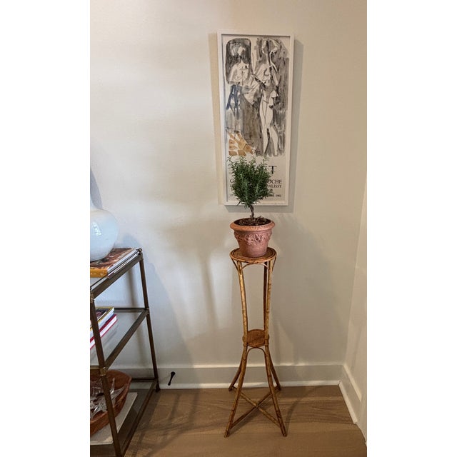 Vintage Palm Beach Style Rattan & Bamboo Two-Tiered Plant Stand For Sale - Image 4 of 9