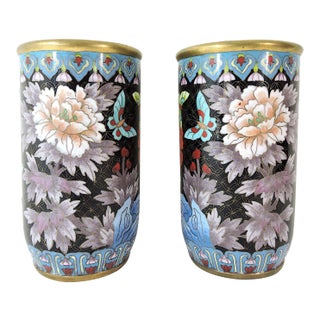 Antique Chinese Blue & Mauve Cloisonné Opposing Flower & Butterfly Cylindrical Vases or Brush Pots- A Pair For Sale