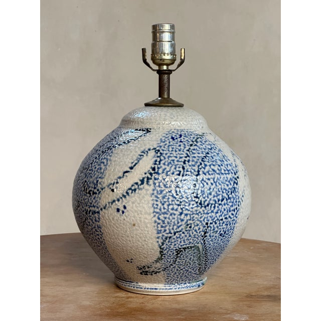 Fantastic studio pottery lamp with modern hand painted design then salt glazed and fired.