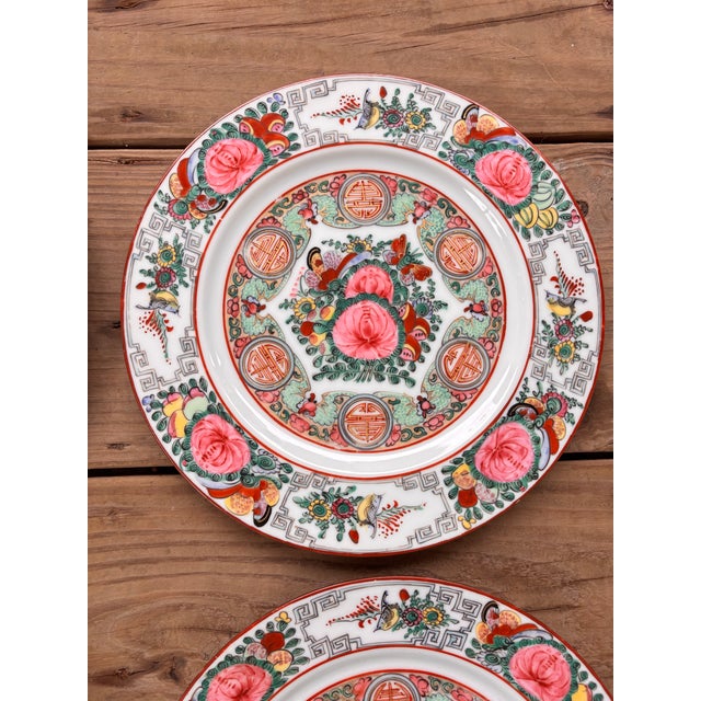 Vintage Chinese Famille Rose Canton Porcelain Dinner Plates For Sale - Image 4 of 12