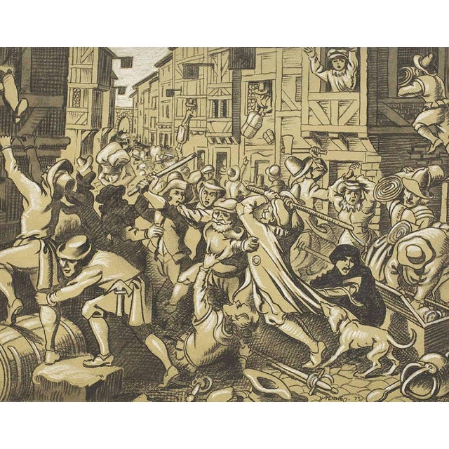 Chalk and charcoal drawing, depicting old world progrom, "Plunder at the Jewish Ghetto, Jews of Frankfurt are attacked in...