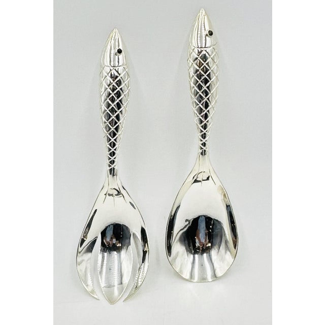 Emilia Castillo 1980s Emilia Castillo for Los Castillo Taxco Silver Plate Fish Salad Serving Set - a Pair For Sale - Image 4 of 14
