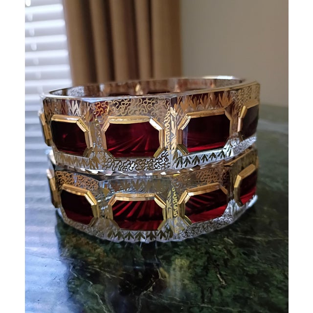 1920s Moser Art Deco Czech 24k Gold & Ruby Cabochon Crystal Pair of Ashtrays For Sale In Orlando - Image 6 of 10