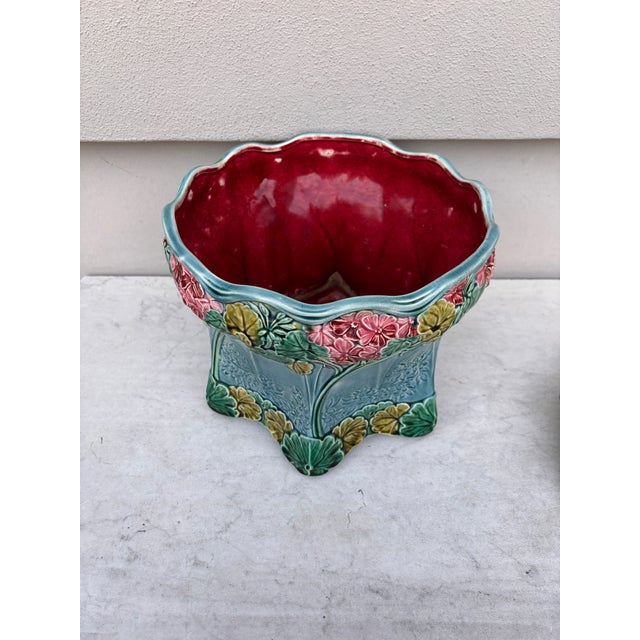 1900 - 1909 Majolica Aqua Hydrangea Cachepot Sarreguemines, Circa 1900 For Sale - Image 5 of 8