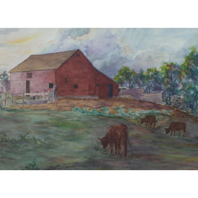 Beautiful mid-century 1940's watercolor of a bucolic farmhouse scene - sunset, undulating clouds, and grazing cows - by...