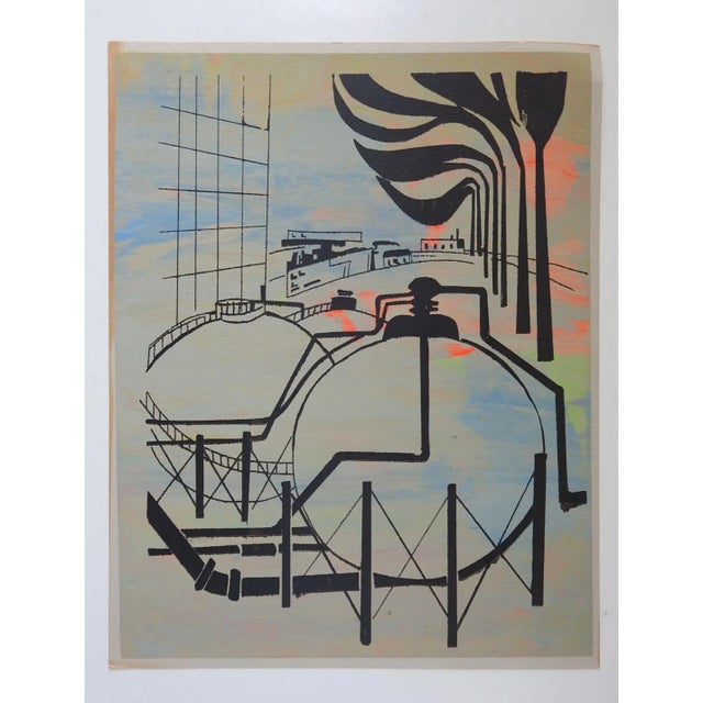 Vintage mid 20th century serigraph on paper of an industrial refinery scene on the Texas gulf coast. Image in black on...