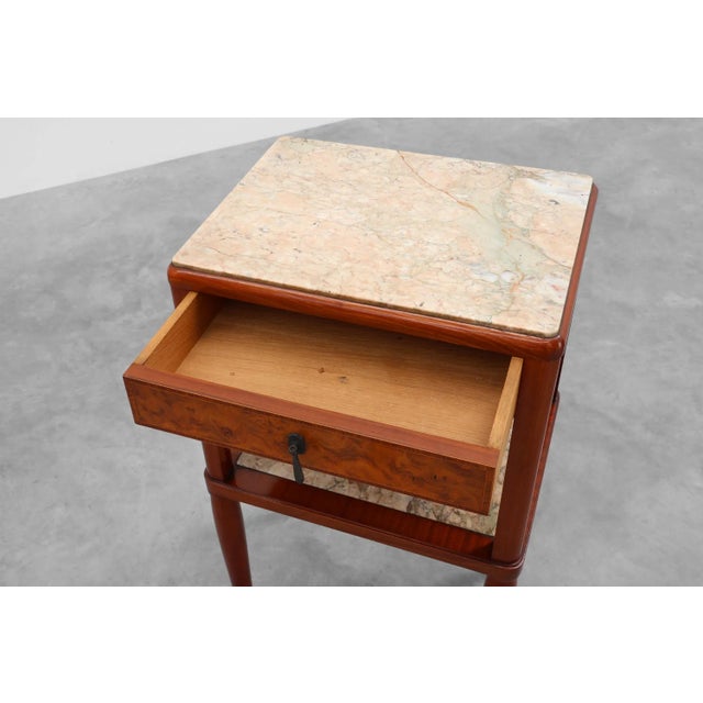 Art Deco French Bedside Tables with Marquetry and Marble Tops, 1940s, Set of 2 For Sale - Image 11 of 18