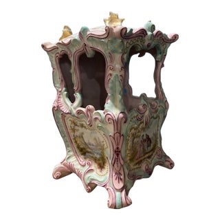 Antique Large French Pink Faience Sedan Chair Double Sword Mark For Sale