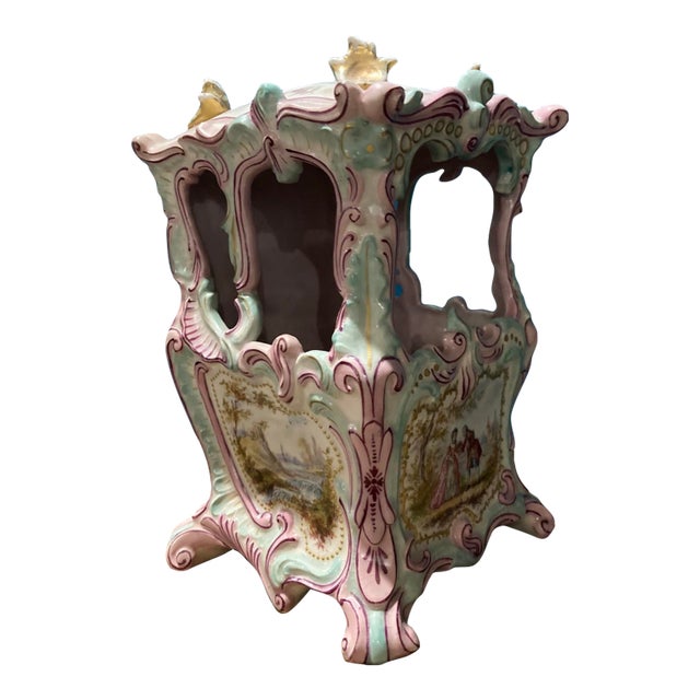 Antique Large French Pink Faience Sedan Chair Double Sword Mark For Sale