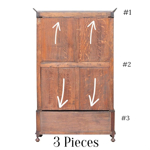 Antique Victorian Oak Wardrobe | Armoire | 3-Piece Knockdown | Beveled Mirror | Key | 19th Century For Sale - Image 17 of 18