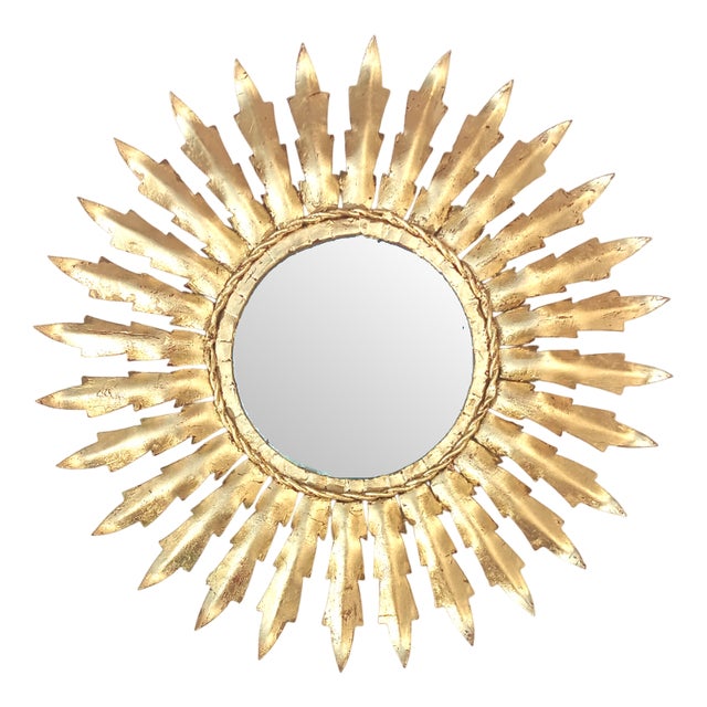 Vintage Spanish Gilt Metal Sunburst Mirror, 1960s For Sale