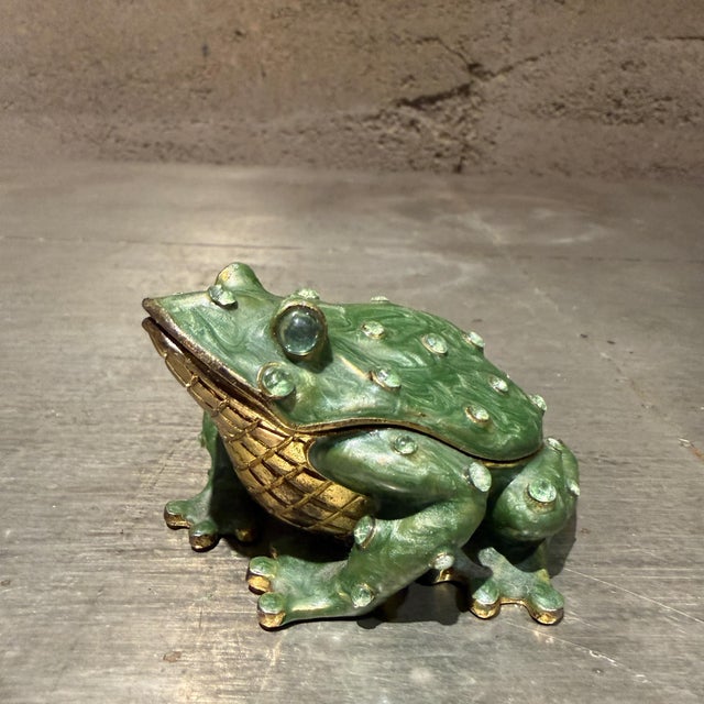 For your consideration, a hand-painted enameled pewter frog trinket box accented with green Austrian crystals and a gold-...