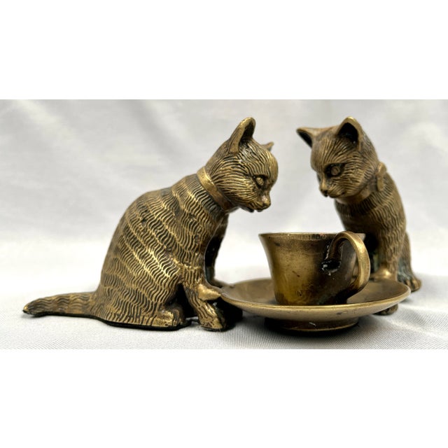 Metal Mid 20th Century Vintage Bronze Cats With Cup Sculpture For Sale - Image 7 of 12
