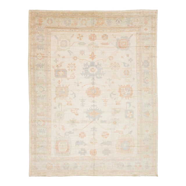 12x15 Serene Ivory & Pastel Modern Oushak Style Handmade Wool Rug For Sale