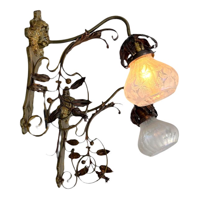1900 Art Nouveau Brass and Copper Sconces With Antique Floral Irridescent Shades #2618 - a Pair For Sale