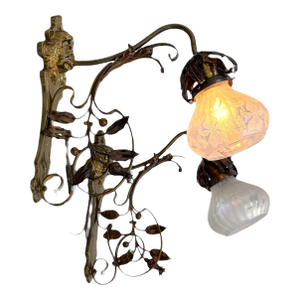 1900 Art Nouveau Brass and Copper Sconces With Antique Floral Irridescent Shades #2618 - a Pair