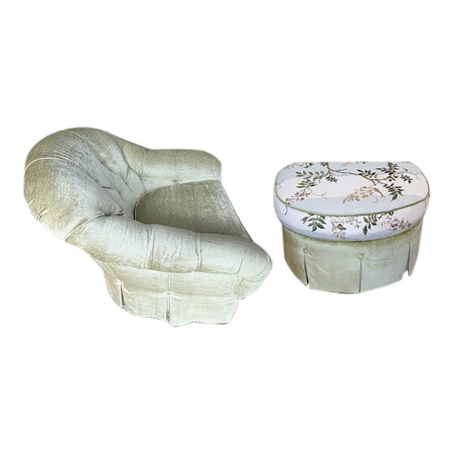 Custom Kravet Green Chenille Lounge Chair and Ottoman With Colefax and Fowler Heritage Floral For Sale