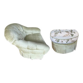 Custom Tufted Arm Chair and Ottoman Set in Colefax and Fowler, For Sale