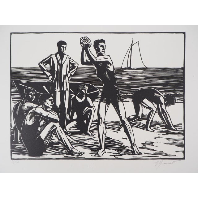 Raphael Drouart, Basque Country, Games on the Beach, 1928, Original Woodcut For Sale - Image 6 of 6
