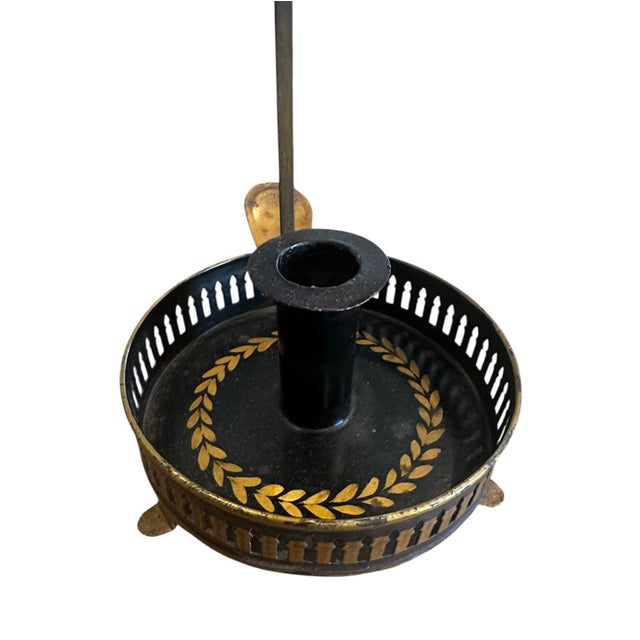 Metal Early 20th Century Black French Tole / Toleware Bouillotte Candle Lamp With Gilt / Gold Accents For Sale - Image 7 of 8