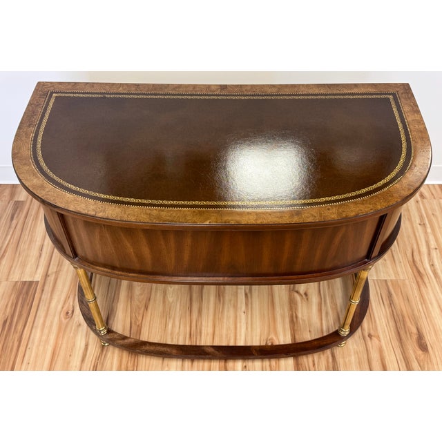 Vintage Sligh-Lowry Burl Wood Leather Top Demilune Desk W/ Brass Legs For Sale In Kansas City - Image 6 of 12
