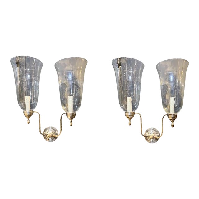 1910 Silver Plate Bronze and Hurricane Glass Sconces Two Lights - a Pair For Sale