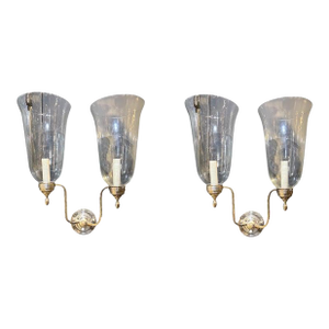 1910 Silver Plate Bronze and Hurricane Glass Sconces Two Lights - a Pair