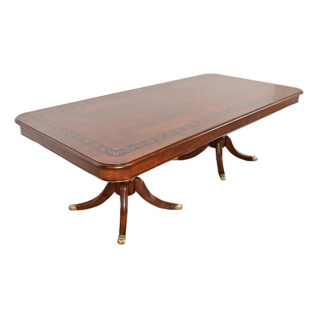 Baker Furniture Style Italian Regency Inlaid Banded Burl Wood Double Pedestal Dining Table, Newly Restored For Sale