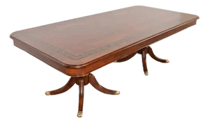 Baker Furniture Style Italian Regency Inlaid Banded Burl Wood Double Pedestal Dining Table, Newly Restored