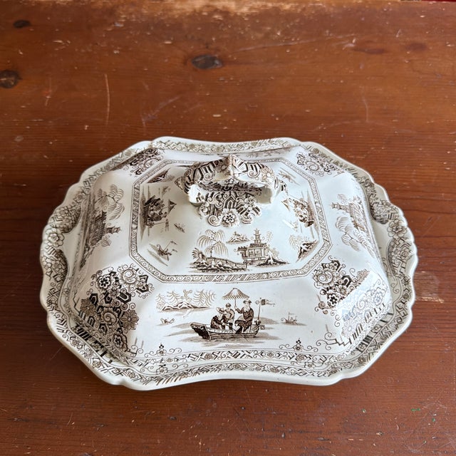A Antique Brown Transfer Decorated Staffordshire Covered Vegetable Dish, “Nankin” by Dimmock, Circa 1830’s Made by Thomas...